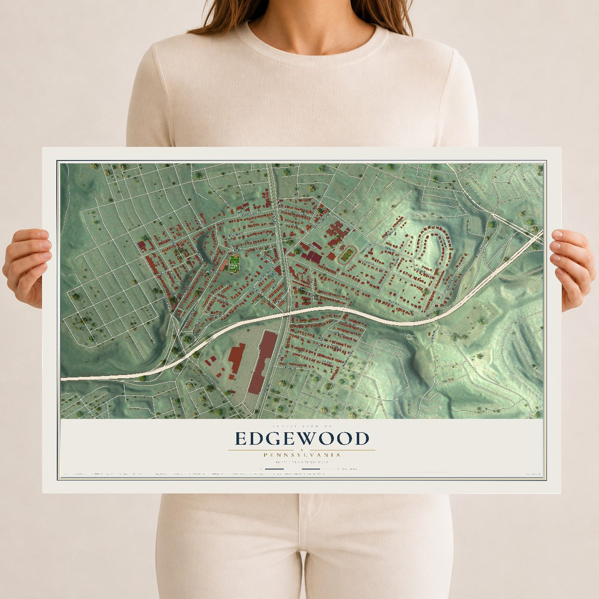 Map of Edgewood, Pennsylvania, 12 x 18 inch unframed archival matte print