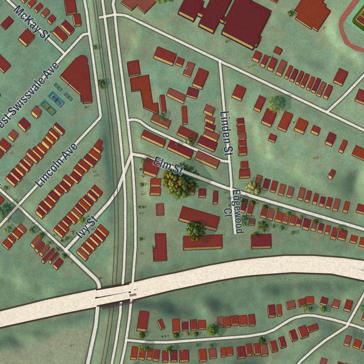 Close-up of the map of Edgewood, Pennsylvania print showing street and building detail