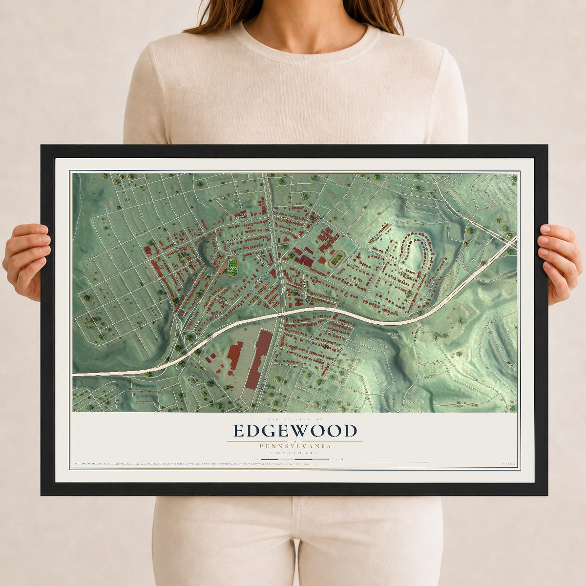 Map of Edgewood, Pennsylvania, 12 x 18 inch print in a black wood frame