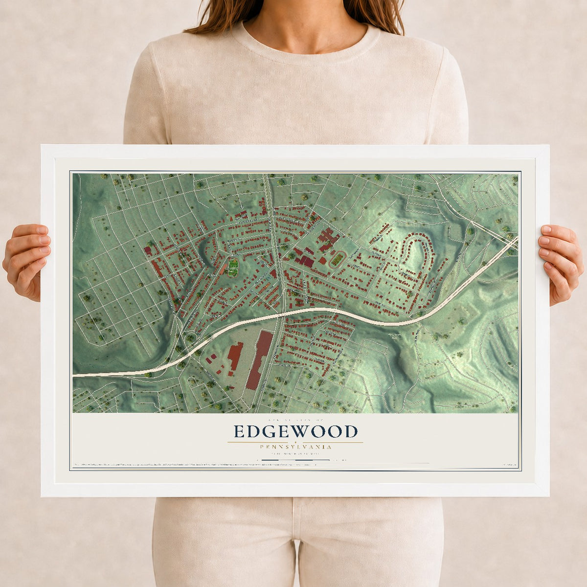 Map of Edgewood, Pennsylvania, 12 x 18 inch print in a white wood frame