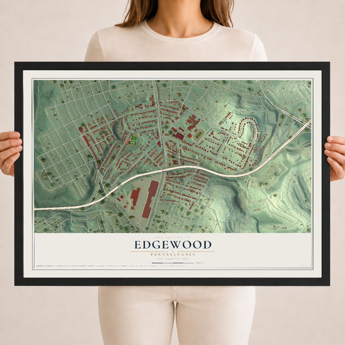 Map of Edgewood, Pennsylvania, 18 x 24 inch print in a black wood frame