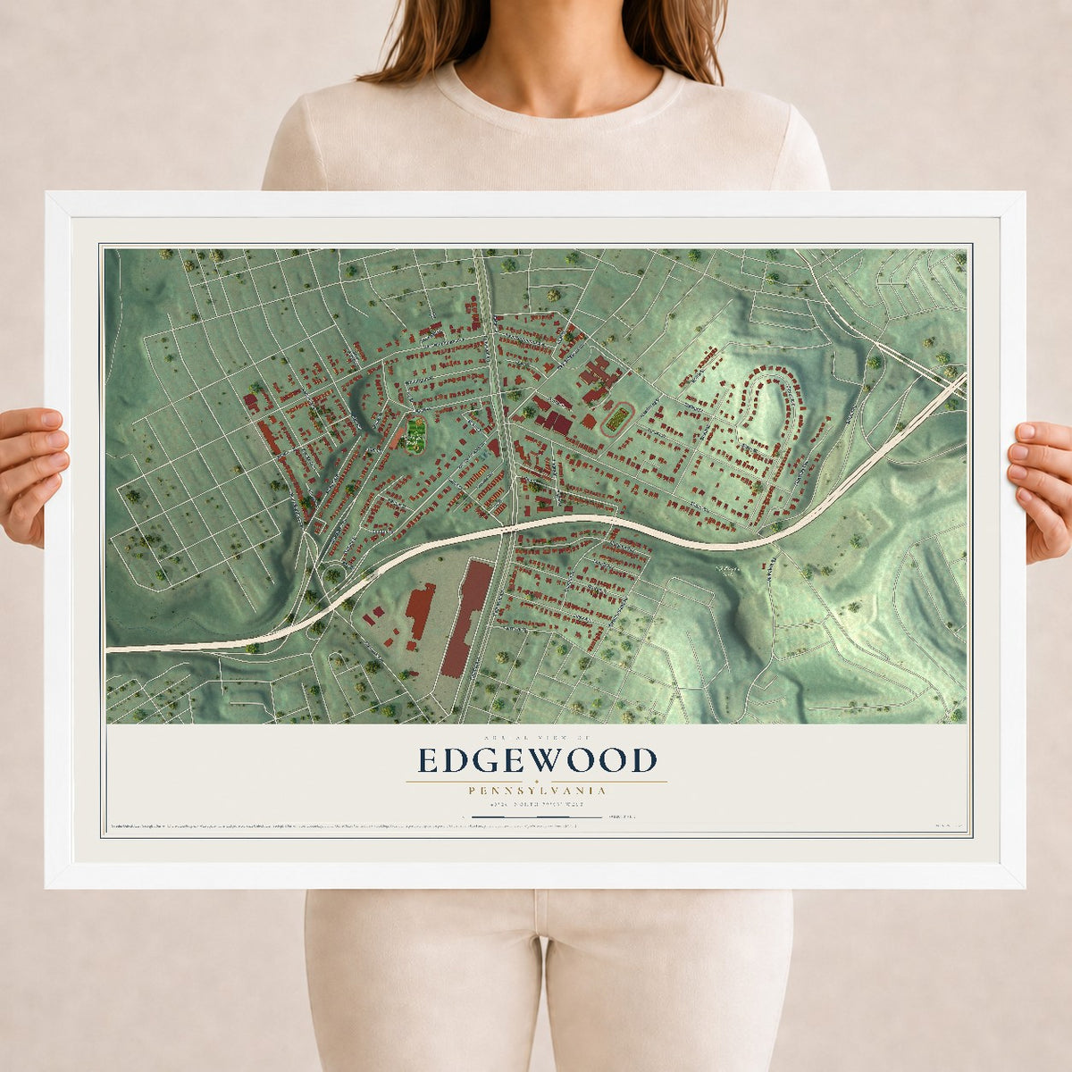 Map of Edgewood, Pennsylvania, 18 x 24 inch print in a white wood frame