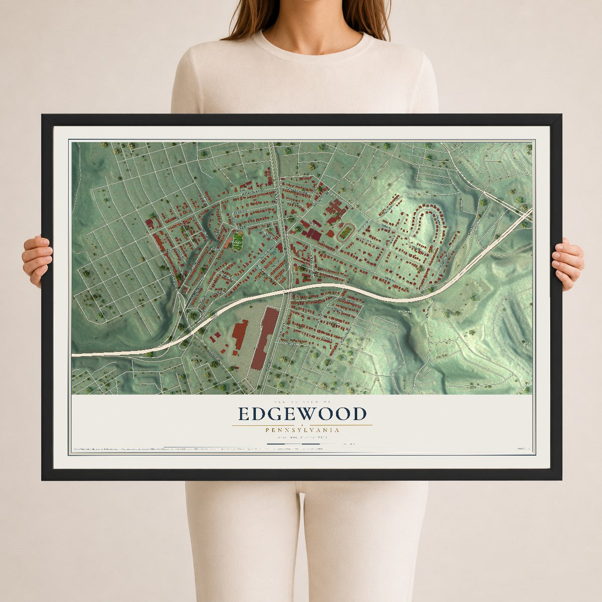Map of Edgewood, Pennsylvania, 24 x 36 inch print in a black wood frame