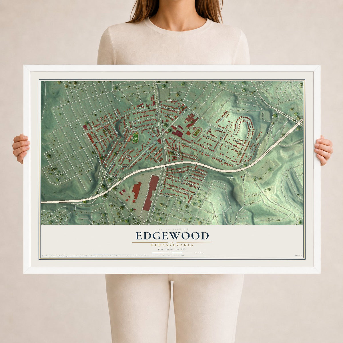 Map of Edgewood, Pennsylvania, 24 x 36 inch print in a white wood frame
