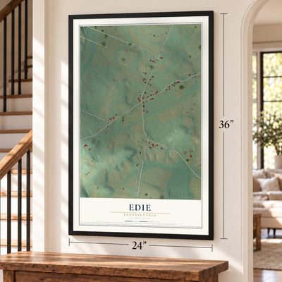 Edie, Pennsylvania map, 24 x 36 inch print in a black frame by a staircase