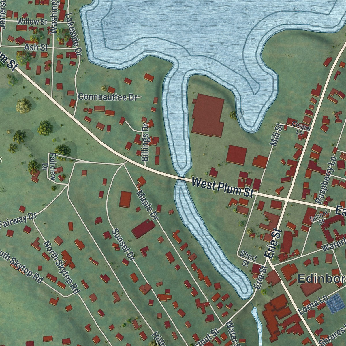Close-up of the map of Edinboro, Pennsylvania print showing street and building detail