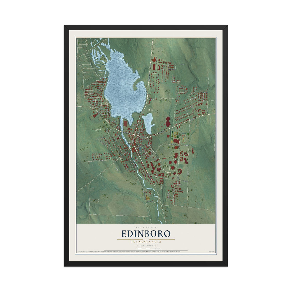 Map of Edinboro, Pennsylvania, 12 x 18 inch print in a black wood frame