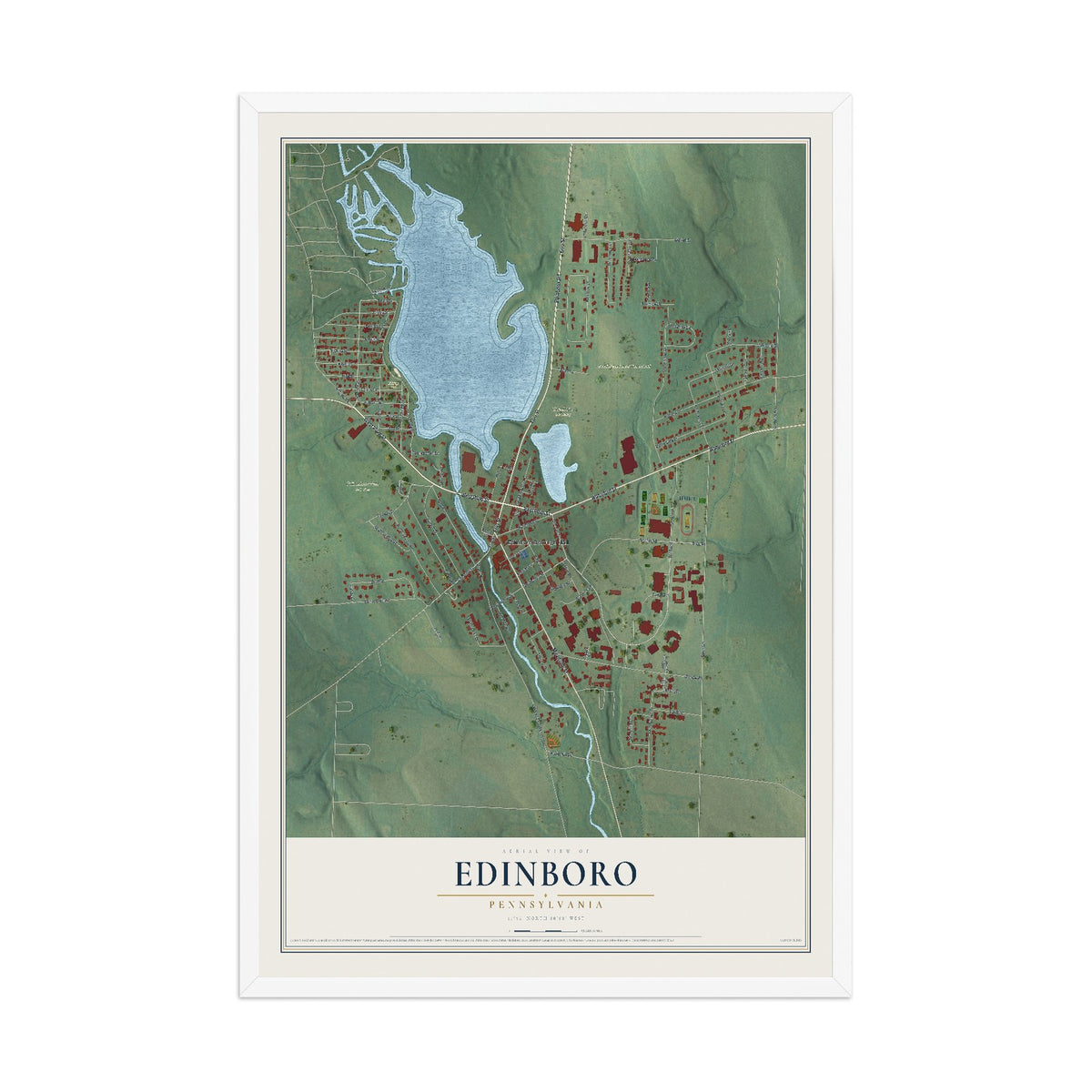 Map of Edinboro, Pennsylvania, 12 x 18 inch print in a white wood frame