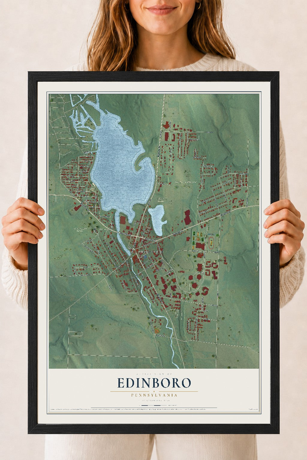 Map of Edinboro, Pennsylvania, 18 x 24 inch print in a black wood frame
