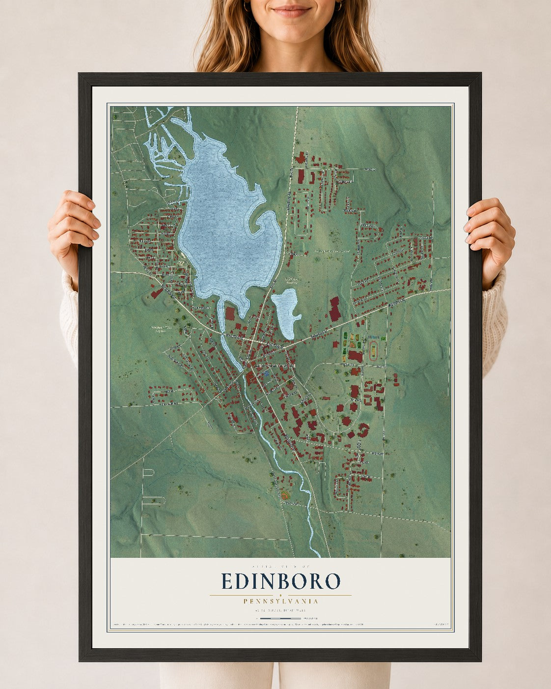 Map of Edinboro, Pennsylvania, 24 x 36 inch print in a black wood frame