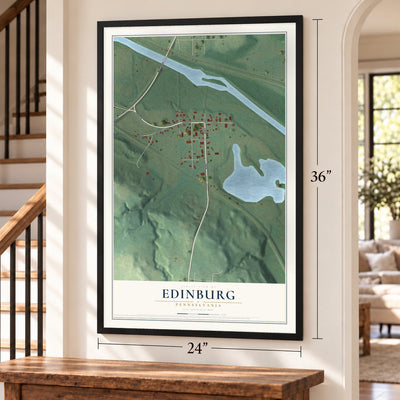 Edinburg, Pennsylvania map, 24 x 36 inch print in a black frame by a staircase