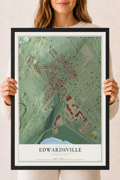 Map of Edwardsville, Pennsylvania, 18 x 24 inch print in a black wood frame