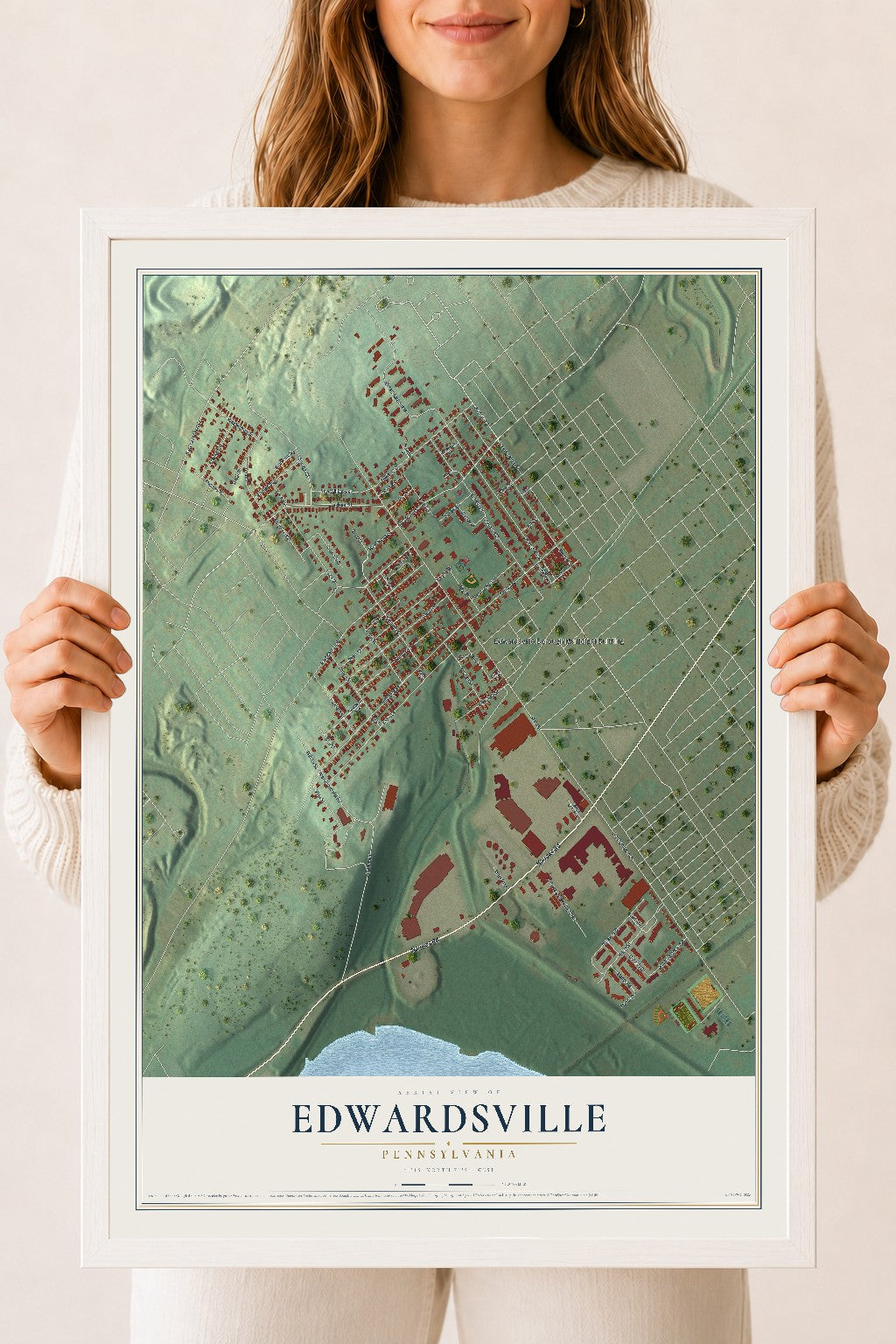 Map of Edwardsville, Pennsylvania, 18 x 24 inch print in a white wood frame