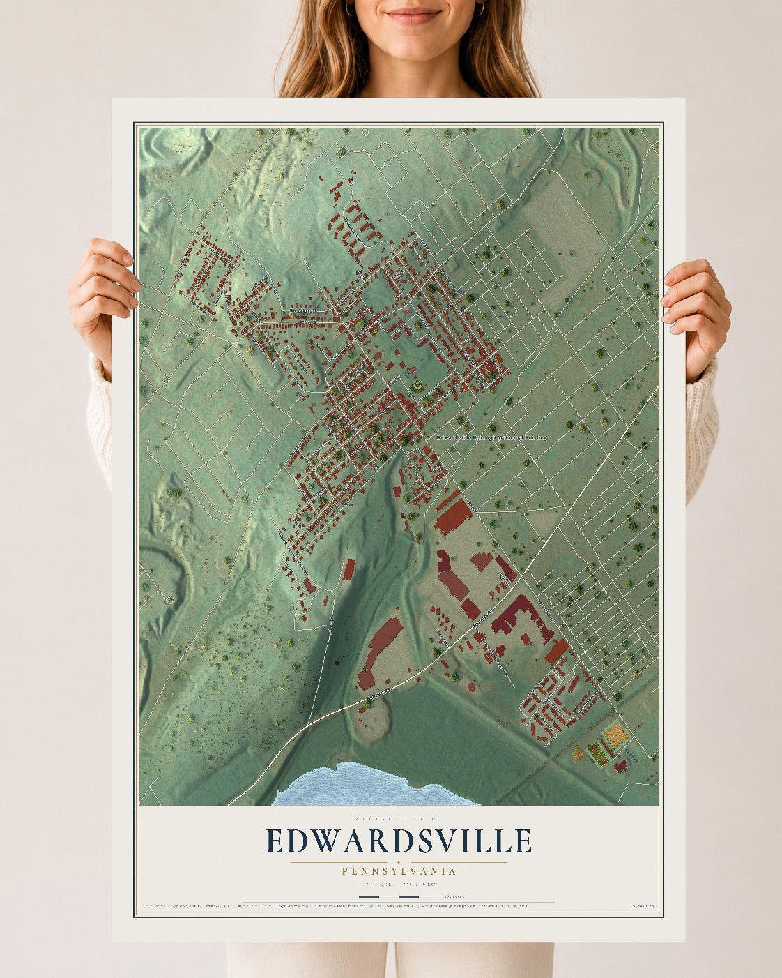 Map of Edwardsville, Pennsylvania, 24 x 36 inch unframed archival matte print