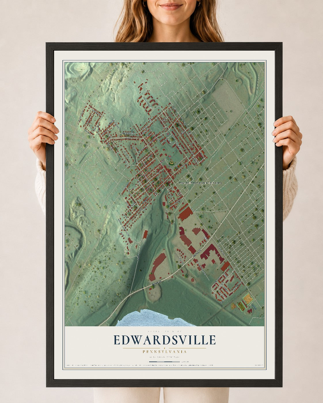 Map of Edwardsville, Pennsylvania, 24 x 36 inch print in a black wood frame