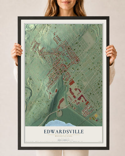 Map of Edwardsville, Pennsylvania, 24 x 36 inch print in a black wood frame