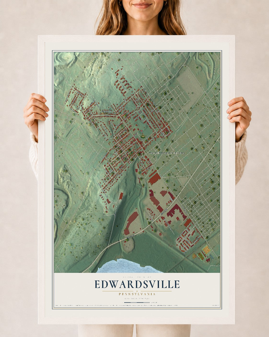 Map of Edwardsville, Pennsylvania, 24 x 36 inch print in a white wood frame