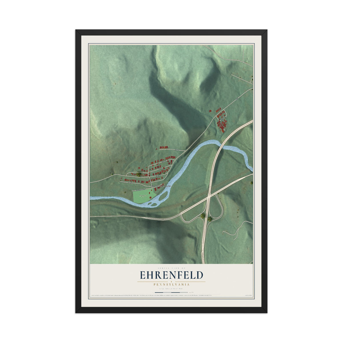Map of Ehrenfeld, Pennsylvania, 12 x 18 inch print in a black wood frame