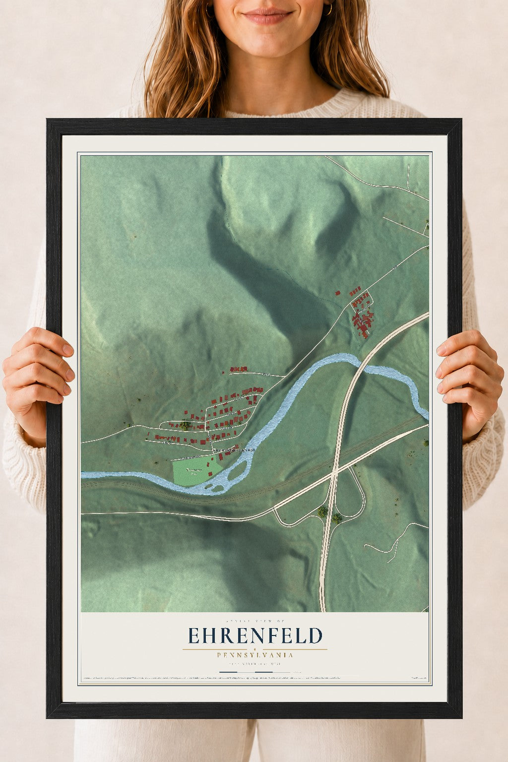 Map of Ehrenfeld, Pennsylvania, 18 x 24 inch print in a black wood frame