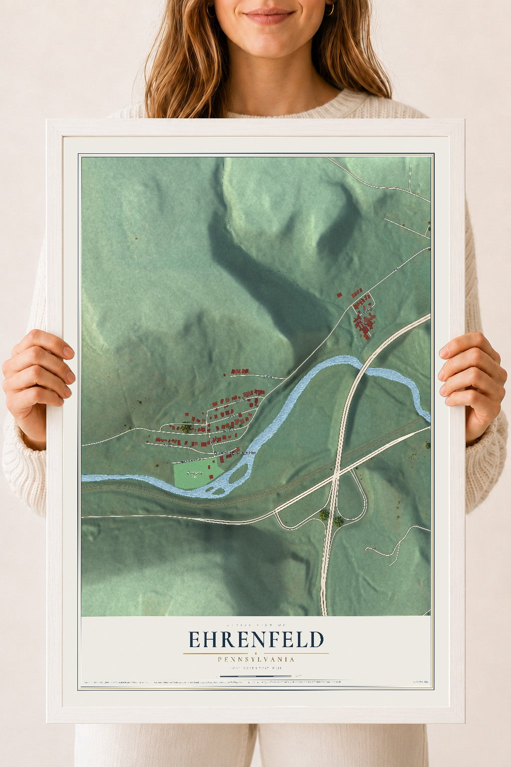 Map of Ehrenfeld, Pennsylvania, 18 x 24 inch print in a white wood frame