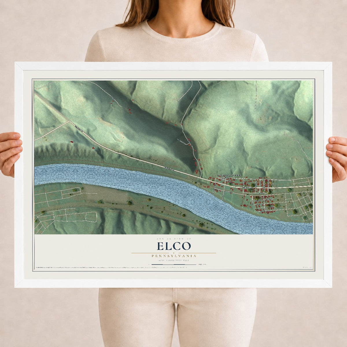 Map of Elco, Pennsylvania, 18 x 24 inch print in a white wood frame