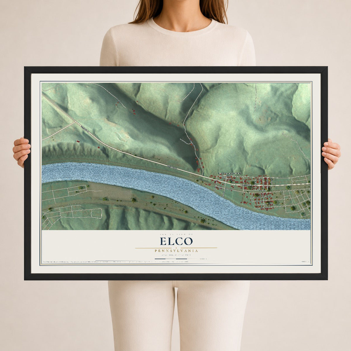Map of Elco, Pennsylvania, 24 x 36 inch print in a black wood frame