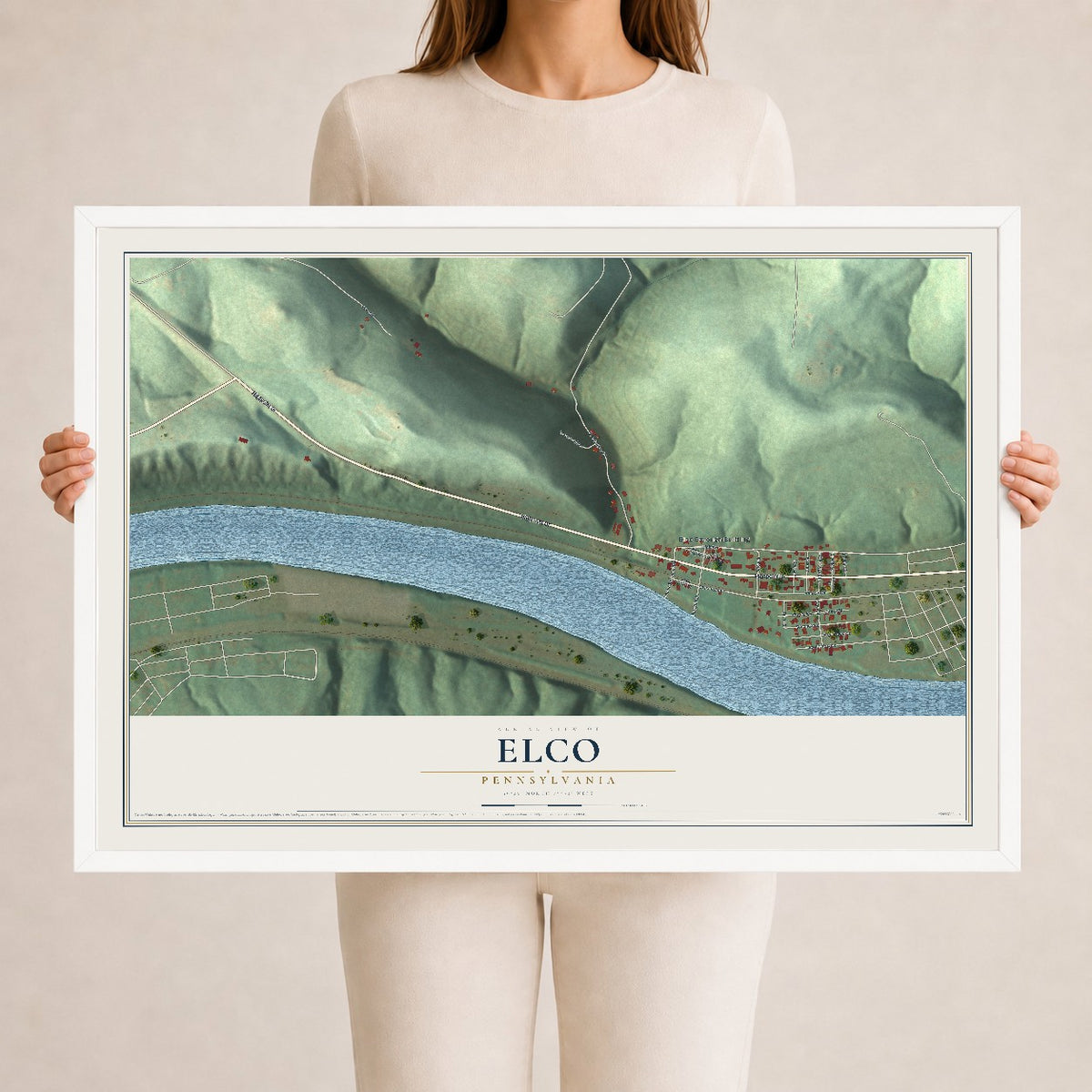 Map of Elco, Pennsylvania, 24 x 36 inch print in a white wood frame