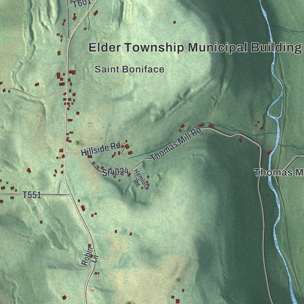Close-up of the map of Elder, Pennsylvania print showing street and building detail