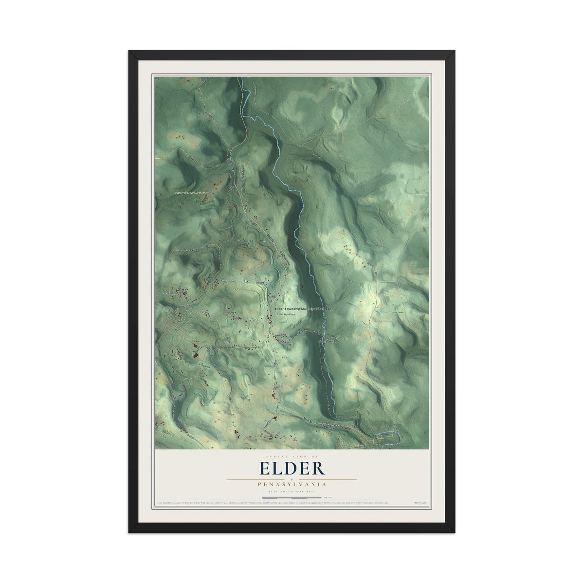 Map of Elder, Pennsylvania, 12 x 18 inch print in a black wood frame