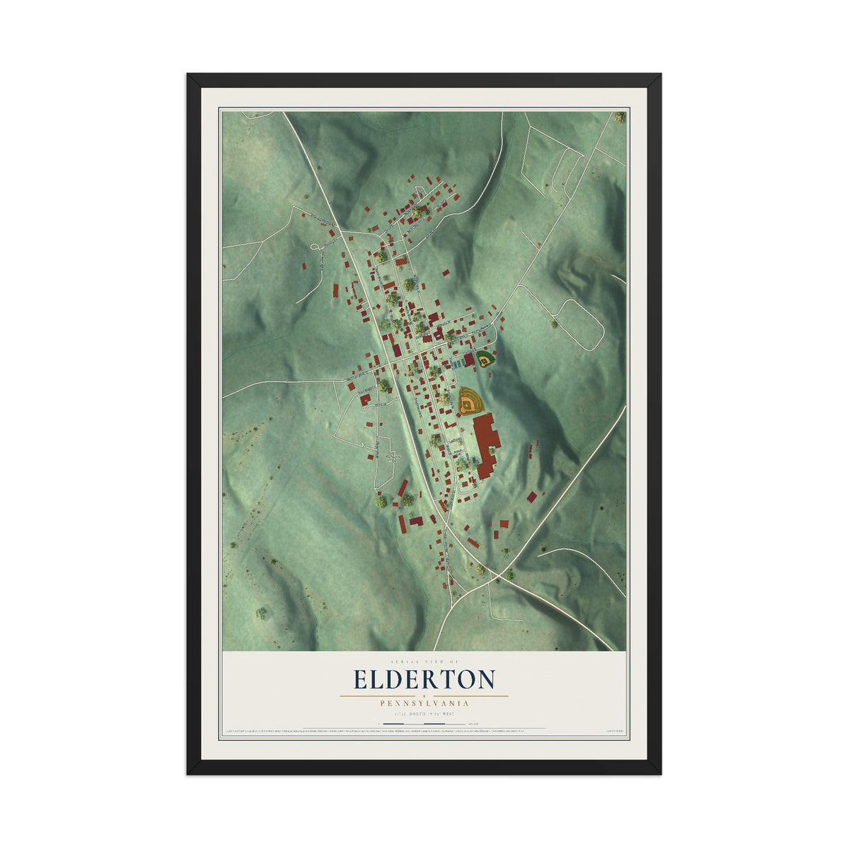 Map of Elderton, Pennsylvania, 12 x 18 inch print in a black wood frame