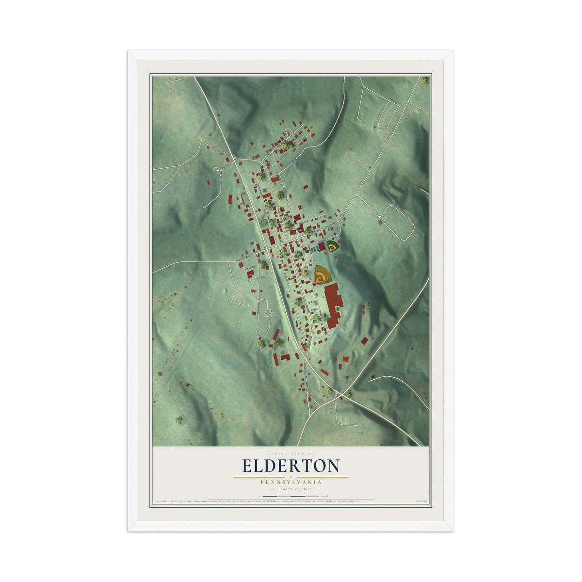 Map of Elderton, Pennsylvania, 12 x 18 inch print in a white wood frame