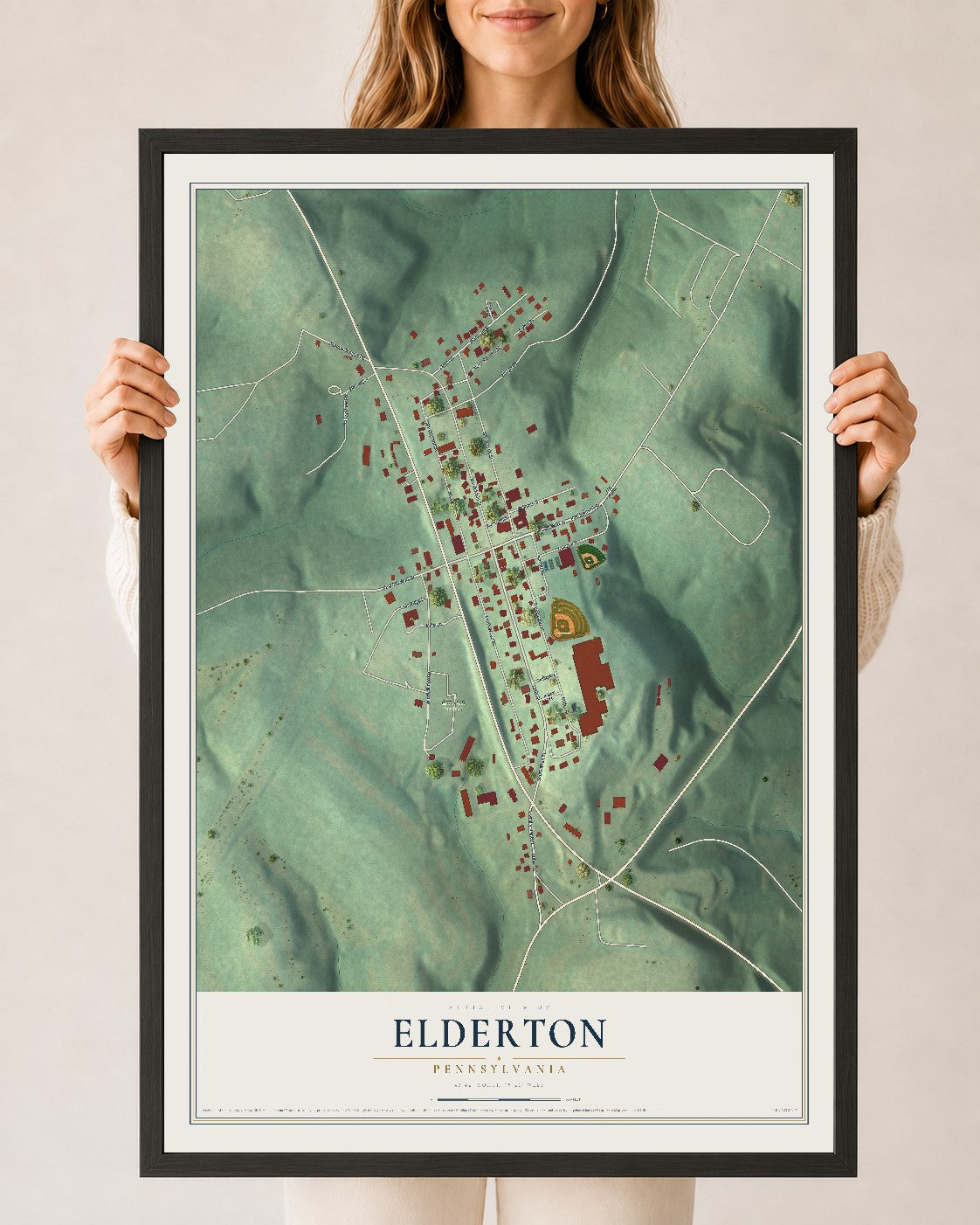 Map of Elderton, Pennsylvania, 24 x 36 inch print in a black wood frame