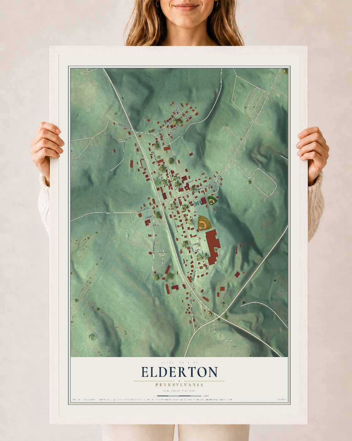 Map of Elderton, Pennsylvania, 24 x 36 inch print in a white wood frame