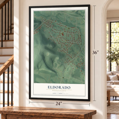 Eldorado, Pennsylvania map, 24 x 36 inch print in a black frame by a staircase