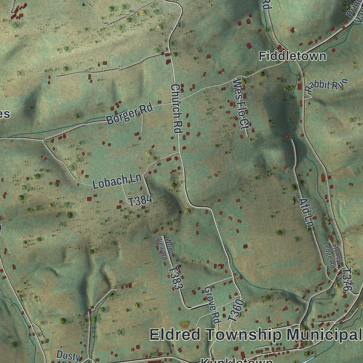 Close-up of the map of Eldred, Monroe County, Pennsylvania print showing street and building detail