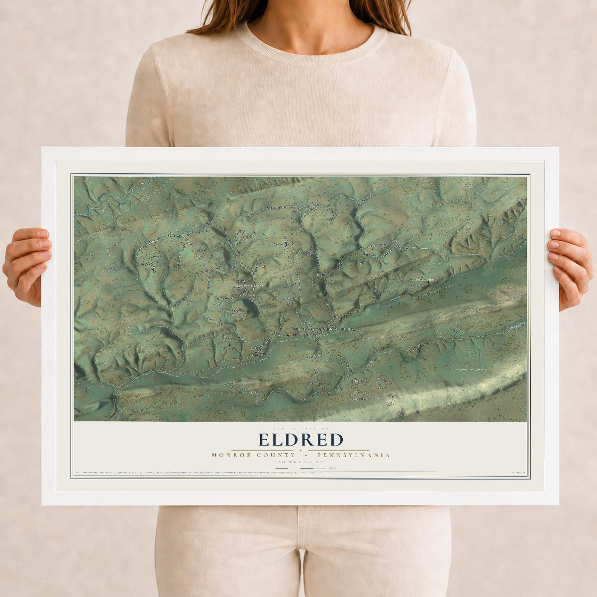 Map of Eldred, Monroe County, Pennsylvania, 12 x 18 inch print in a white wood frame