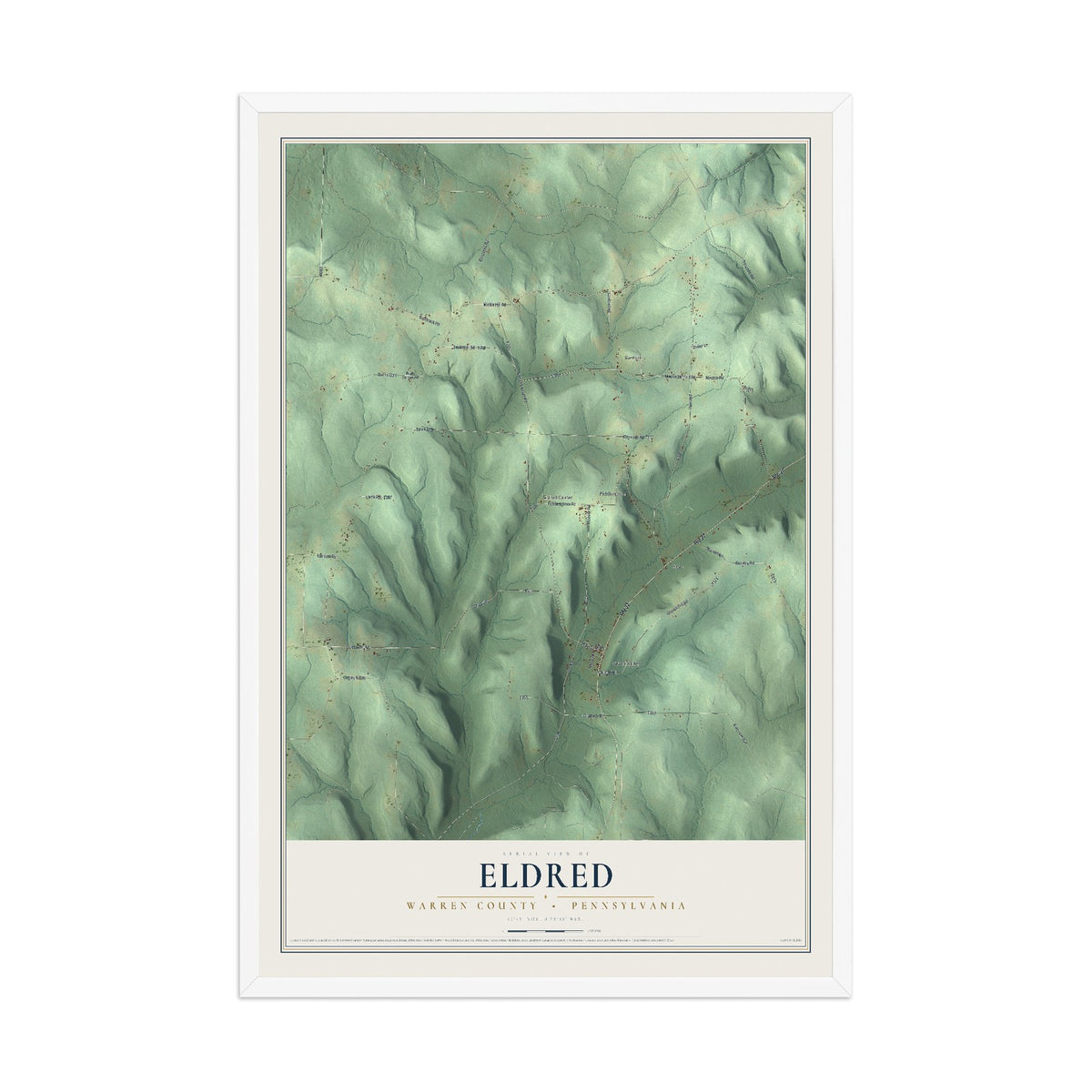 Map of Eldred, Warren County, Pennsylvania, 12 x 18 inch print in a white wood frame