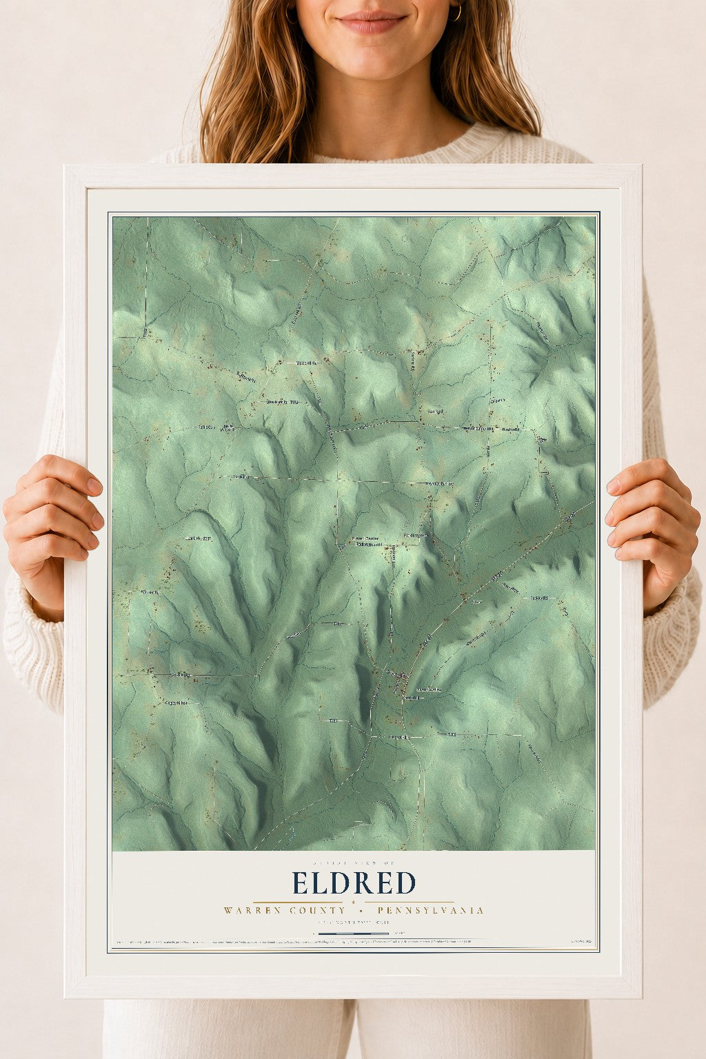 Map of Eldred, Warren County, Pennsylvania, 18 x 24 inch print in a white wood frame