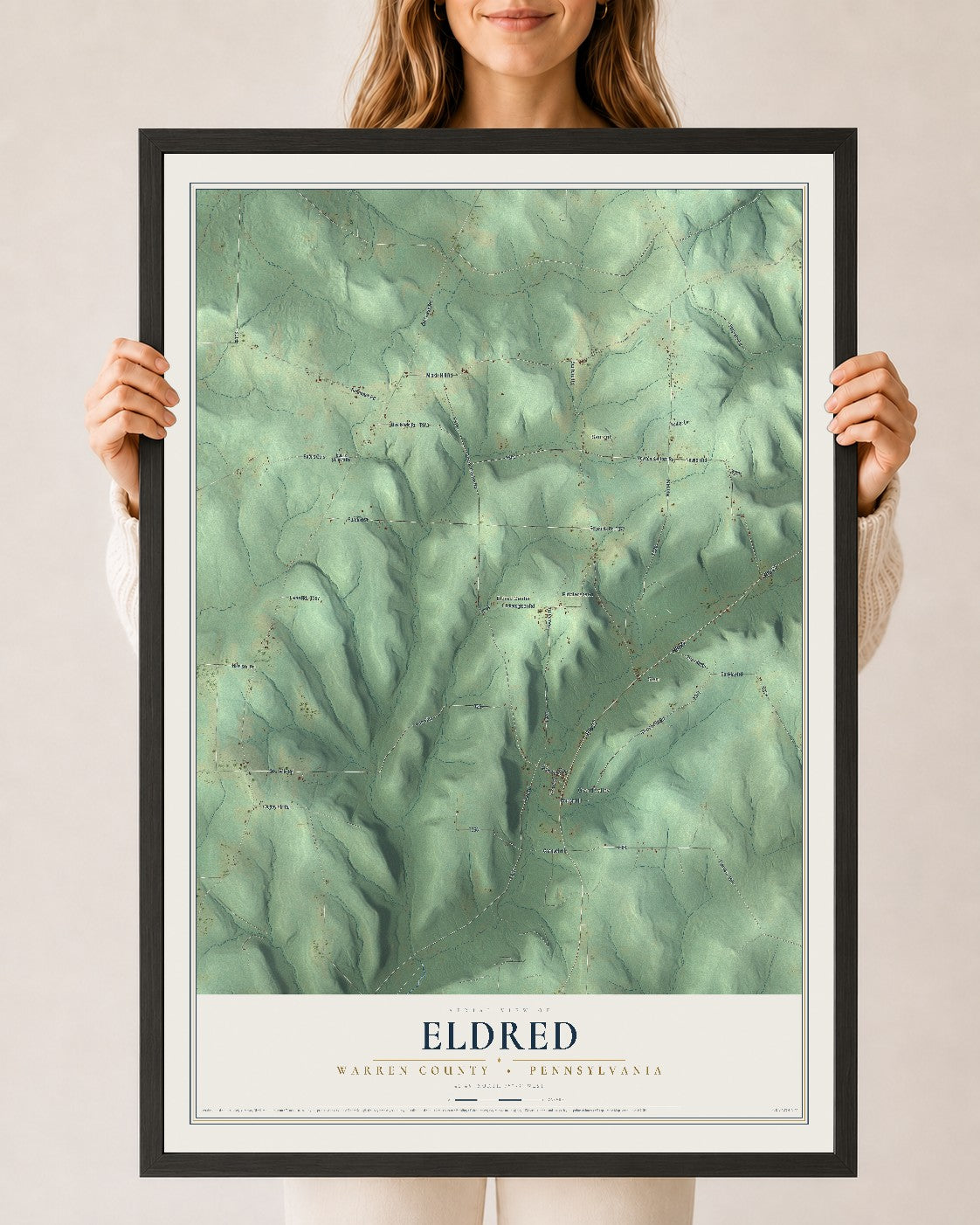 Map of Eldred, Warren County, Pennsylvania, 24 x 36 inch print in a black wood frame