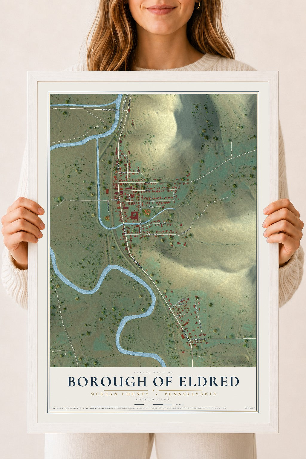 Map of the Borough of Eldred, McKean County, Pennsylvania, 18 x 24 inch print in a white wood frame