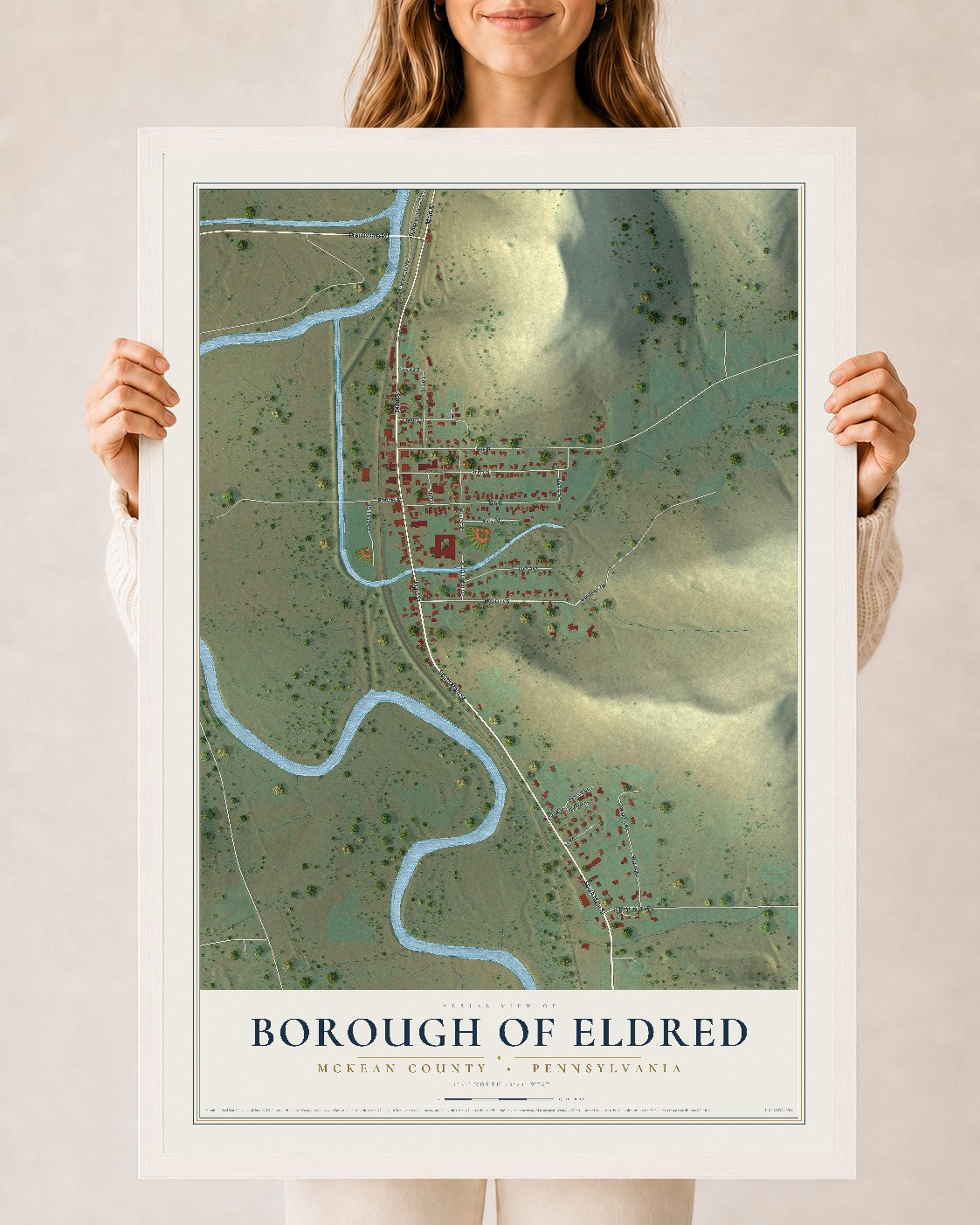 Map of the Borough of Eldred, McKean County, Pennsylvania, 24 x 36 inch print in a white wood frame