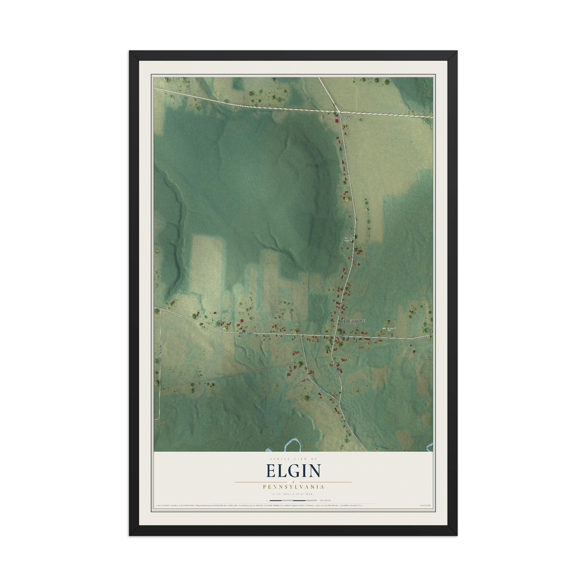 Map of Elgin, Pennsylvania, 12 x 18 inch print in a black wood frame