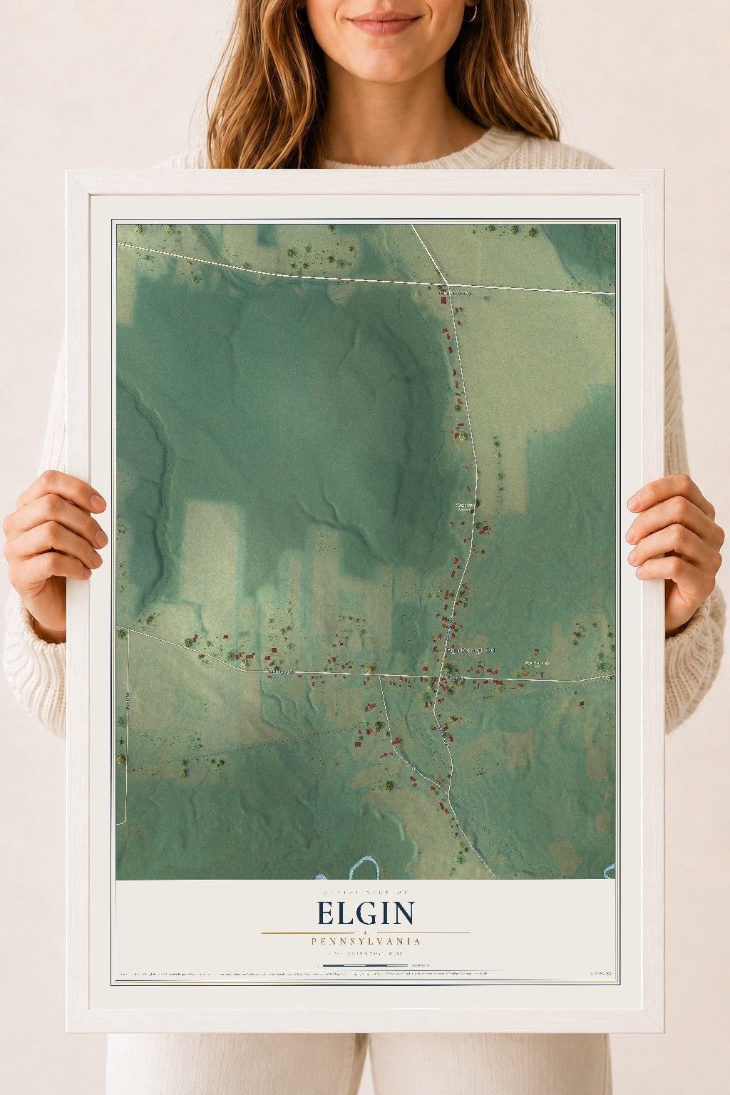 Map of Elgin, Pennsylvania, 18 x 24 inch print in a white wood frame