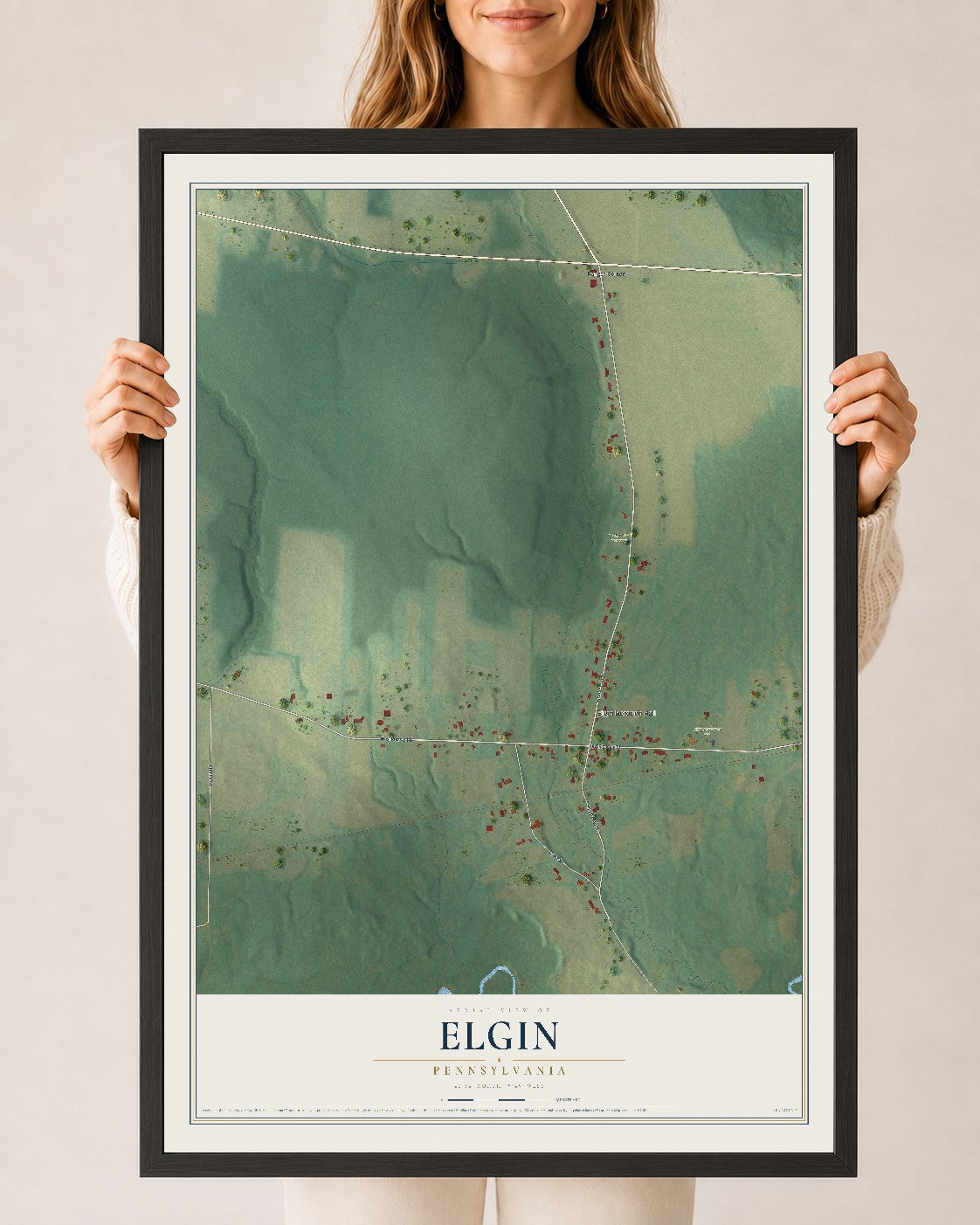 Map of Elgin, Pennsylvania, 24 x 36 inch print in a black wood frame