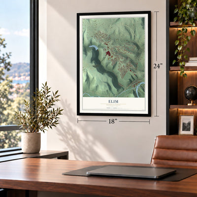 Elim, Pennsylvania map, 18 x 24 inch print in a black frame in a home office