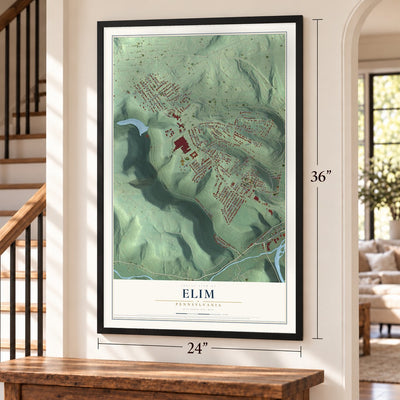 Elim, Pennsylvania map, 24 x 36 inch print in a black frame by a staircase