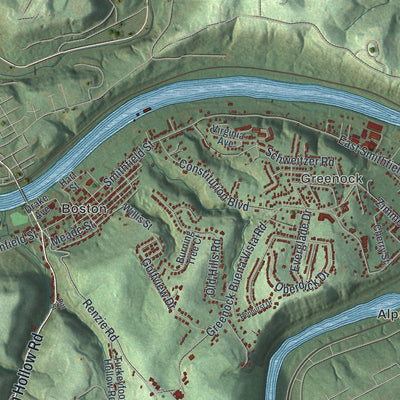 Second close-up of the map of Elizabeth, Allegheny County, Pennsylvania print showing more streets and buildings