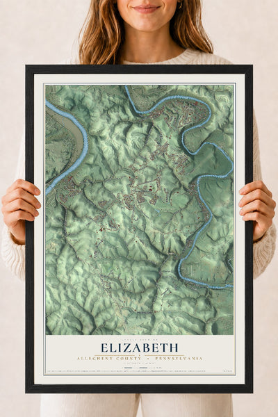 Map of Elizabeth, Allegheny County, Pennsylvania, 18 x 24 inch print in a black wood frame