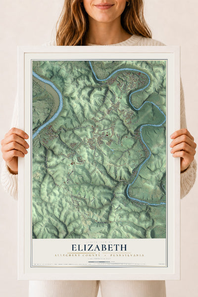 Map of Elizabeth, Allegheny County, Pennsylvania, 18 x 24 inch print in a white wood frame