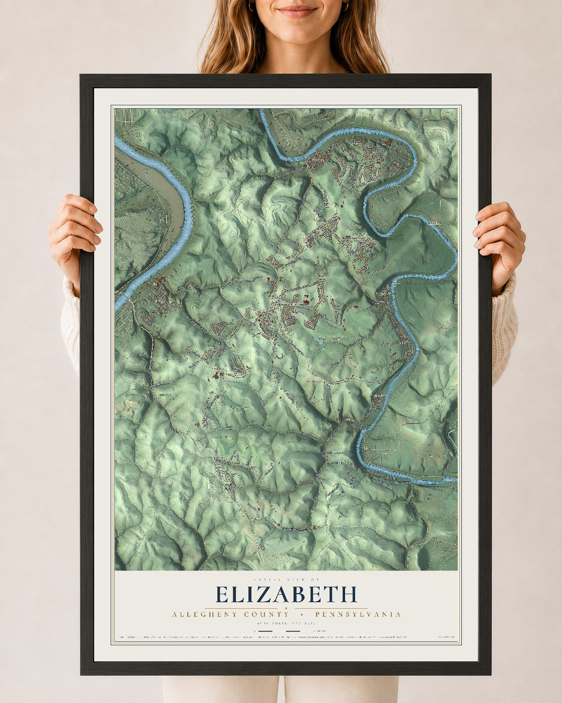 Map of Elizabeth, Allegheny County, Pennsylvania, 24 x 36 inch print in a black wood frame
